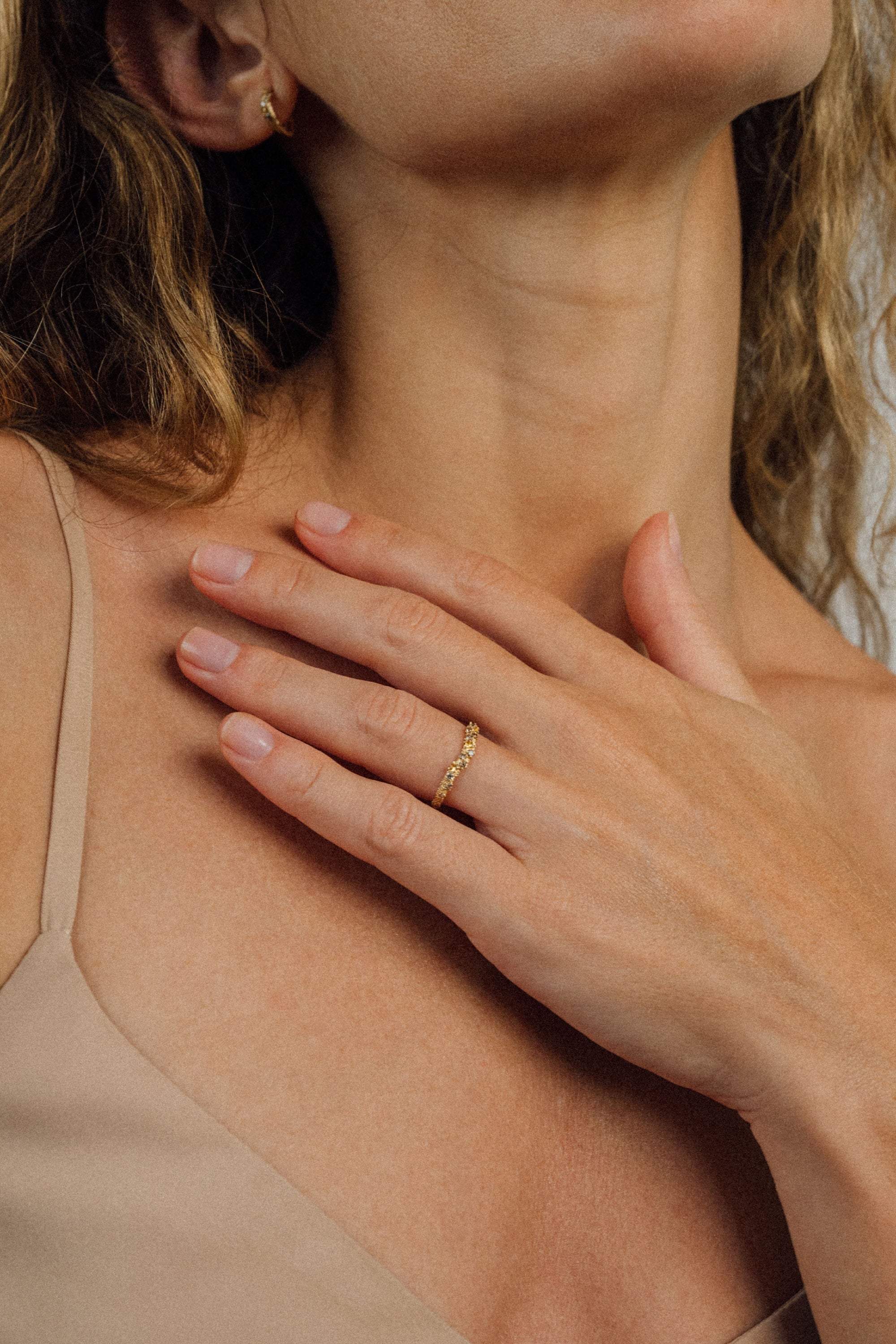 Recycled 18K yellow gold band ring with a soft crest and pavé-set brown diamonds and yellow sapphires. Handcrafted in Bali with stones set in Bangkok.