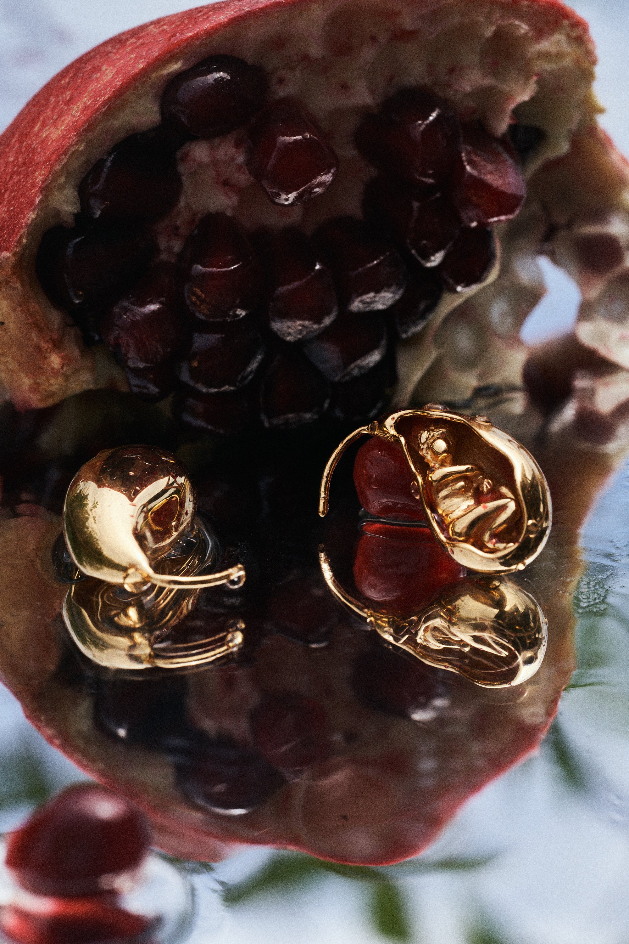 Carina Hardy fine yellow gold Crouching Venus earrings displayed with against pomegranates, nature-inspired design. View the collection today.