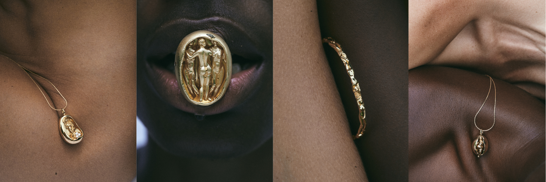Series of images showcasing the Carina Hardy 18k yellow gold fine jewelry collection. Inspired by women and fine arts, perfect for luxury jewelry enthusiasts.
